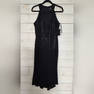 Alexa B Nites Black Sequin Halter Midi Dress - Medium
